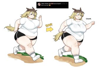 1girl 53hank absurdres animal_ears arrow_(symbol) artist_name bear_(53hank) black_shorts blonde_hair blue_eyes blush breasts brown_hair brown_tail closed_mouth commentary covered_navel dot_nose emoji english_commentary english_text fat full_body hair_between_eyes highres horse_girl huge_breasts long_hair multicolored_hair multiple_views open_hands original parted_lips rolling_eyes running shirt shoes short_sleeves shorts simple_background sneakers socks sweat tail thick_arms thick_thighs thighs thinking_emoji two-tone_hair white_background white_shirt white_shoes white_socks