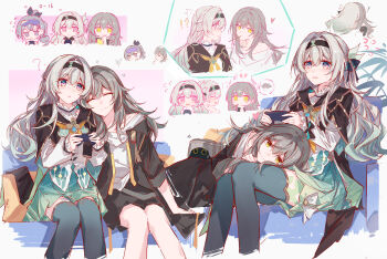 ! !? 3girls ? absurdres aqua_thighhighs black_hairband black_jacket black_skirt chibi chinese_commentary closed_eyes closed_mouth commentary_request firefly_(honkai:_star_rail) flying_sweatdrops grey_hair hair_ornament hairband highres honkai:_star_rail honkai_(series) jacket long_hair long_sleeves looking_at_another lying_on_lap multiple_girls multiple_views open_clothes open_jacket parted_lips shirt silver_wolf_(honkai:_star_rail) simple_background sitting skirt smile stelle_(honkai:_star_rail) sweat thighhighs trailblazer_(honkai:_star_rail) white_shirt yajuu yellow_eyes