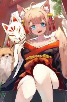 1girl animal_ear_fluff animal_ears arm_support bell black_kimono blonde_hair blue_eyes bob_cut center-flap_bangs commentary_request double-parted_bangs eyeshadow feet_out_of_frame fox fox_girl fox_mask hair_bell hair_ornament hakama hakama_short_skirt hakama_skirt highres holding holding_mask japanese_clothes jingle_bell kimono looking_at_viewer makeup mask miniskirt nyucha off_shoulder original outdoors pleated_skirt red_eyeshadow red_hakama red_shirt shirt short_kimono sitting sitting_on_stairs skirt solo stairs tassel tassel_hair_ornament thick_eyebrows torii