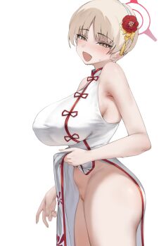 1girl absurdres arched_back armpit_crease armpits blue_archive blush breasts brown_hair china_dress chinese_clothes clothes_lift commentary cropped_legs dress dress_lift ear_piercing english_commentary exhibitionism female_pervert flower haihai_(skeleton) hair_flower hair_ornament halo highres large_breasts lifting_own_clothes looking_at_viewer looking_to_the_side marina_(blue_archive) marina_(qipao)_(blue_archive) mixed-language_commentary open_clothes pervert piercing presenting presenting_pussy public_indecency pussy red_flower red_halo bad_tag short_hair simple_background sleeveless sleeveless_dress smile solo standing sweatdrop tilted_head v w white_background white_dress yellow_eyes