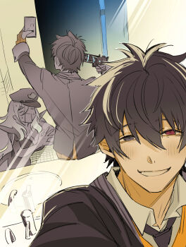 1boy 1girl absurdres ai_the_somnium_files ai_the_somnium_files:_nirvana_initiative bathroom black_eyes black_hair black_jacket breasts cellphone collared_shirt finger_on_trigger grin gun gun_to_head hair_between_eyes handgun hat heterochromia highres holding holding_phone imminent_suicide jacket large_breasts long_hair long_sleeves looking_at_viewer mirror_selfie necktie ookutsuwa_waga orange_sweater phone polar_opposites red_eyes reflection revolver ryuki_kuruto selfie shirt sink smartphone smile split_theme sweater tama_(ai_the_somnium_files) weapon white_shirt