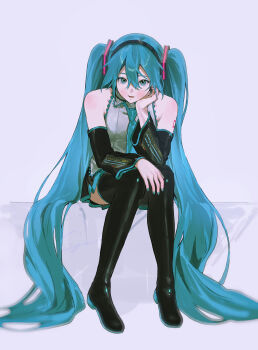 1girl absurdres bare_shoulders black_boots black_skirt blue_eyes blue_hair blue_nails blue_necktie boots commentary elbow_gloves gloves grey_shirt hair_between_eyes hair_flowing_over hair_ornament hatsune_miku head_rest headset highres long_hair looking_at_viewer necktie number_tattoo open_mouth pleated_skirt shirt shoulder_tattoo sitting skirt sleeveless sleeveless_shirt solo tattoo thigh_boots twintails very_long_hair vocaloid yos_(72112764)