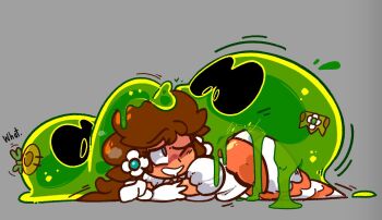 1girl 2others blush brown_hair clothed_sex ear_piercing earrings flower_earrings grey_background group_sex huge_penis jewelry long_hair looking_at_viewer lying mario_(series) monster multiple_others nintendo one_eye_closed penis piercing princess_daisy prone_bone sex sex_from_behind simple_background slime_(creature) tan threesome