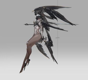 absurdres dark-skinned_female dark_skin eor79 feathered_wings grey_background head_wings high_heels highres no_socks original revealing_clothes simple_background weapon wings