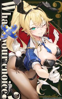 Rule 34 | 1girl, absurdres, ahoge, animal ears, between breasts, black leotard, blonde hair, blue jacket, blue necktie, breasts, brown pantyhose, cleavage, commentary request, copyright name, crossed bangs, detached collar, english text, fake animal ears, gloves, green eyes, highres, jacket, kakage, large breasts, leotard, long hair, looking at viewer, mole, mole under mouth, necktie, necktie between breasts, one eye closed, pantyhose, playboy bunny, poker chip, ponytail, rabbit tail, reverseblue x re-birthend, sidelocks, smile, solo, sonata (reverseblue), standing, strapless, strapless leotard, tail, thigh strap, white gloves