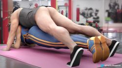 1boy 1girl 20s 3d animated artist_name ass black_footwear black_headwear blender_(medium) blue_footwear blue_vest bottomless capcom chun-li embroidery erection gold_trim gym hat head_out_of_frame headwear_request hetero highres indoors large_penis looping_animation multiple_views muscular muscular_female nappana penis rubbing shoes sneakers solo_focus street_fighter street_fighter_alpha striped testicles thigh_sex toned toned_female twitter_logo uncensored unitard vest video wristband yellow_stripe