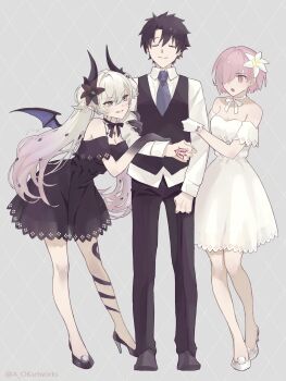 1boy 2girls alternate_costume aopix_001 black_hair breasts closed_eyes commentary_request crossed_bangs demon_girl demon_horns dress fate/grand_order fate_(series) formal_clothes fujimaru_ritsuka_(male) fujimaru_ritsuka_(male)_(anniversary_blonde) full_body green_eyes grey_hair hair_between_eyes hair_over_one_eye highres horns large_breasts lilith_(fate) long_hair mash_kyrielight mash_kyrielight_(formal_dress) medium_breasts multiple_girls official_alternate_costume pink_hair pointy_ears purple_eyes revision short_hair smile suit twintails very_long_hair