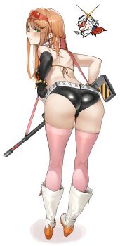 2girls absurdres ass bikini bikini_top_only black_gloves blush boots breasts commentary_request cosplay eyewear_on_head fingerless_gloves from_behind gakuen_idolmaster gloves green_eyes hair_ornament hairclip highres idolmaster kamina_(ttgl) kamina_(ttgl)_(cosplay) katsuragi_lilja knee_boots long_hair medium_breasts multiple_girls orange_hair pink_thighhighs saya_endo_(27) scarf shiun_sumika short_hair short_shorts shorts simple_background solo_focus standing swimsuit tengen_toppa_gurren_lagann thighhighs white_background white_boots white_hair yoko_littner yoko_littner_(cosplay)