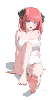 1girl absurdres arm_support barefoot blue_eyes blunt_bangs blush breasts butterfly_hair_ornament camisole collarbone commentary feet full_body go-toubun_no_hanayome hair_ornament highres hliroha knee_up looking_at_viewer medium_breasts medium_hair mixed-language_commentary nakano_nino no_pants open_mouth panties pink_hair signature simple_background sitting soles solo spaghetti_strap thighs toes underwear white_background white_camisole white_panties