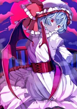 1girl bat_wings closed_mouth cloud corset dress frilled_dress frilled_hat frills hat hat_ribbon looking_at_viewer mob_cap moon pepeipeinapple33 puffy_sleeves purple_hair red_corset red_eyes red_moon red_ribbon remilia_scarlet ribbon solo touhou white_dress white_hat wings