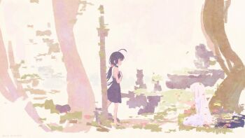 2girls absurdres ahoge bandages bandages_over_eyes bare_shoulders barefoot black_dress black_hair commentary dated dress english_commentary flower garden hair_ornament hands_on_own_chest highres holding long_hair low_ponytail multiple_girls original outdoors outstretched_hand ponytail rnna signature sitting smile very_long_hair wariza white_hair