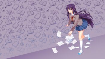 Rule 34 | 1girl, :o, absurdres, artist request, blue skirt, coat, doki doki literature club, dutch angle, falling paper, full body, grey coat, highres, long hair, neck ribbon, official art, outstretched arm, pink vest, purple eyes, purple hair, ribbon, running, shirt, skirt, socks, solo, vest, white shirt, white socks, worried, yuri (doki doki literature club)