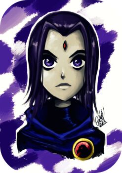 1girl bindi cartoon_network cloak dc_comics female_focus portrait purple_eyes purple_hair raven_(dc) solo teen_titans