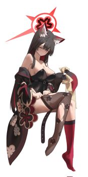 animal_ears blue_archive commentary eyeshadow fox_ears halo highres hime_cut japanese_clothes kimono makeup simple_background symbol-only_commentary thighhighs torn_clothes torn_thighhighs vam_(js_vam) wakamo_(blue_archive) white_background yellow_eyes