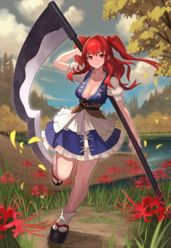 1girl absurdres blue_dress boat breasts cleavage dress flower full_body highres holding holding_scythe looking_at_viewer onozuka_komachi outdoors puffy_short_sleeves puffy_sleeves red_eyes red_flower red_hair river scythe short_sleeves smile solo spider_lily teo_(telo_ruka) touhou twintails watercraft