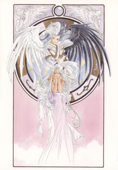 1990s_(style) 2girls aa_megami-sama absurdres angel angel_wings art_nouveau belldandy black_wings cloud dark-skinned_female dark_skin dress facial_mark feathered_wings forehead_mark fujishima_kousuke heterochromia highres long_hair multicolored_hair multiple_girls non-web_source official_art purple_dress purple_eyes retro_artstyle scan self-scan skuld_(aa_megami-sama) split-color_hair two-tone_hair urd_(aa_megami-sama) white_hair white_wings wings world_of_elegance