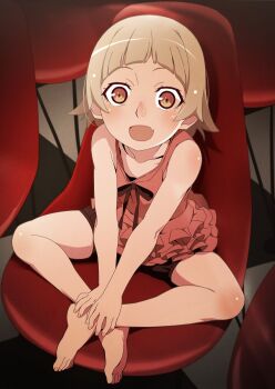 :d arched_bangs bare_arms barefoot black_bloomers black_ribbon blonde_hair bloomers blush brown_eyes chair checkered_floor collarbone crossed_ankles dress fang fingernails flat_chest frilled_dress frills from_above full_body gesugesu_ahoaho hair_flaps hands_on_feet hands_on_own_feet indian_style kizumonogatari knee_blush looking_at_viewer monogatari_(series) on_chair open_mouth oshino_shinobu red_dress ribbon ringed_eyes shadow short_dress short_hair shoulder_blush sitting sleeveless sleeveless_dress smile toenails turtleneck underwear v_arms wide-eyed
