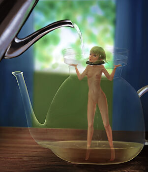 1girl barefoot bdsm blonde_hair bondage bound character_request copyright_request fairy feeding female_focus force-feeding green_hair highres ikelag mini_person minigirl nipples nude peeing peril predicament_bondage restrained solo tagme what