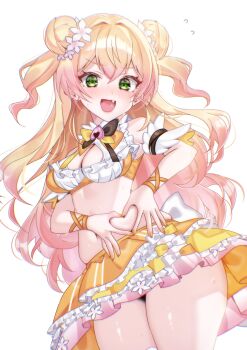 1girl absurdres blonde_hair blush breasts chierishu cleavage cleavage_cutout clothing_cutout crop_top double_bun fang four-finger_heart_hands frilled_skirt frills green_eyes hair_bun heart heart_hands highres hololive looking_at_viewer medium_breasts momosuzu_nene open_mouth orange_shirt orange_skirt shirt skirt solo two_side_up virtual_youtuber