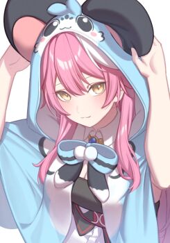 1girl animal_ears animal_hood black_corset black_shirt blue_capelet breasts capelet character_hood chattino_(raora_panthera) cleavage closed_mouth commentary corset double-parted_bangs hair_between_eyes hololive hololive_english hood hood_up hooded_capelet long_hair looking_at_viewer medium_breasts multicolored_hair panther_ears panther_tail pink_hair raora_panthera raora_panthera_(1st_costume) resu_desu shirt sidelocks simple_background solo streaked_hair tail upper_body virtual_youtuber white_background white_streaks yellow_eyes