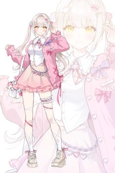 Rule 34 | 1girl, absurdres, bag, bow, breasts, buttons, cardigan, chain, character request, collar, collared shirt, commentary, commission, copyright request, footwear bow, frilled collar, frilled thigh strap, frills, grey hair, hair bow, hair ornament, handbag, heart, heart button, highres, long sleeves, minj kim, pink bow, pink cardigan, rabbit hair ornament, shirt, shoes, thigh strap, twintails, white bag, white bow, white shirt, yellow eyes