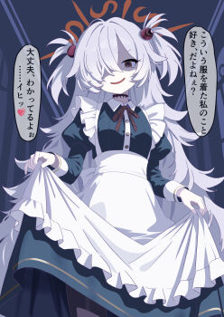 1girl absurdres alternate_costume apron aqua_dress bags_under_eyes black_eyes blue_archive bright_pupils brown_eyes brown_ribbon commentary_request dress enmaided evil_smile eyeball_hair_ornament feet_out_of_frame frilled_apron frills furrowed_brow gallve grey_hair hair_intakes halo heart highres indoors juliet_sleeves kanoe_(blue_archive) long_dress long_hair long_sleeves looking_at_viewer maid maid_apron multicolored_eyes neck_ribbon open_mouth orange_halo puffy_sleeves ribbon shaded_face skirt_hold smile solo speech_bubble spiked_hair standing translation_request two-tone_eyes two_side_up very_long_hair white_apron white_pupils
