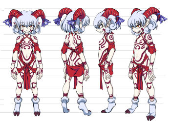 1girl absurdres alternate_costume ass ayana_mizuki bow breasts commentary_request curly_hair full-body_tattoo full_body grey_hair grin highres hooves horn_bow horn_ornament horns loincloth looking_at_viewer multiple_views navel open_mouth orange_eyes pointy_ears pubic_tattoo purple_bow red_horns red_loincloth sharp_teeth sheep_horns short_hair small_breasts smile standing tattoo teeth touhou toutetsu_yuuma white_background