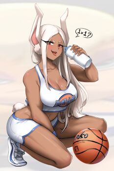 1girl animal_ears artist_name ball bare_shoulders basketball_(object) basketball_uniform between_legs blue_trim boku_no_hero_academia bottle breasts burnt_green_tea cleavage clothes_writing clothing_cutout collarbone commentary cosplay dark-skinned_female dark_skin english_commentary female_focus hand_between_legs highres holding holding_bottle large_breasts lola_bunny lola_bunny_(cosplay) long_eyelashes long_hair looking_at_viewer looney_tunes midriff mirko navel on_one_knee open_mouth parted_bangs rabbit_ears rabbit_girl rabbit_tail red_eyes short_shorts shorts smile solo space_jam speech_bubble sportswear tail tail_through_clothes tank_top teeth thick_thighs thighs tiptoes toned toned_female tongue tongue_out trait_connection upper_teeth_only very_long_hair water_bottle white_footwear white_hair white_shorts white_tank_top