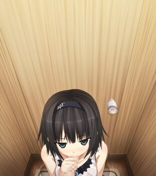 Rule 34 | 1boy, 1girl, absurdres, arishima alice, arm at side, arm up, bare arms, bare shoulders, black hair, black hairband, blue ribbon, blush, bra, breasts, carpet, censored, collarbone, cura, door, doorknob, eyebrows, eyelashes, eyes visible through hair, fellatio, flat (company), floral print, frilled shirt, frills, from above, front-tie top, game cg, green eyes, hairband, head out of frame, hetero, highres, indoors, jitome, kneeling, lace, lace-trimmed bra, lace-trimmed shirt, lace trim, looking at viewer, looking away, looking up, monobeno, mosaic censoring, oral, penis, pink bra, pov, ribbon, rug, saliva, see-through clothes, shadow, shirt, short hair, sleeveless, small breasts, solo focus, striped bra, striped clothes, sweat, tank top, underwear, vertical-striped bra, vertical-striped clothes, white tank top, wooden door, wooden floor, wooden wall