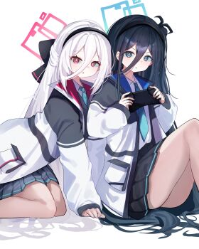 Rule 34 | 2girls, absurdres, aqua halo, aqua necktie, aris (blue archive), black skirt, black thighhighs, blue archive, blue eyes, blue hair, blush, closed mouth, commentary request, controller, ddd (cydv3424), game controller, hair between eyes, halo, highres, holding, jacket, kei (blue archive), kei (new body) (blue archive), long hair, long hair between eyes, looking at viewer, multiple girls, necktie, open mouth, pink eyes, pink halo, pleated skirt, rectangular halo, red eyes, remote control, school uniform, simple background, skirt, thighhighs, very long hair, white background, white hair, white jacket, zettai ryouiki