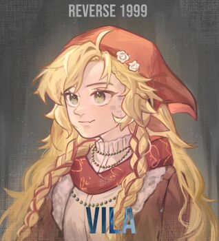 1girl bead_necklace beads blonde_hair brown_jacket commentary copyright_name english_commentary fang flower green_eyes grey_background hair_flower hair_ornament headscarf highres jacket jewelry long_hair muhi_kou necklace red_headscarf red_scarf reverse:1999 scales scarf shirt skin_fang smile solo upper_body vila_(reverse:1999) white_flower white_shirt