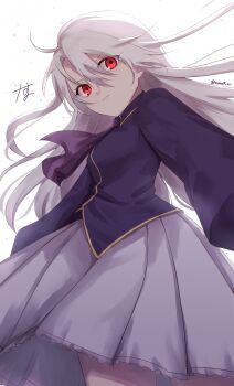 1girl absurdres ahoge ascot backlighting blouse closed_mouth collared_shirt commentary cowboy_shot fate/stay_night fate_(series) from_below hair_between_eyes highres illyasviel_von_einzbern long_hair long_sleeves looking_at_viewer miniskirt nanosuke_(nanonano9) pleated_skirt purple_ascot purple_shirt red_eyes serious shirt simple_background skirt solo standing twitter_username untucked_shirt very_long_hair white_background white_hair white_skirt wing_collar