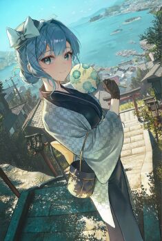 1girl blue_eyes blue_hair commentary_request hair_net hair_ornament hair_ribbon highres hololive hoshimachi_suisei looking_at_viewer ribbon shinto solo stairs torii yulmu1005