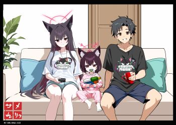 1boy 2girls animal_ear_fluff animal_ears animal_print barefoot black_hair black_shirt blue_archive blue_shorts blush cat_print child closed_mouth coffee_mug colored_inner_hair commentary controller couch cup english_commentary father_and_daughter fox_ears fox_girl grin hair_between_eyes highres holding holding_cup holding_remote_control holding_toy if_they_mated long_hair melissa_v2 mother_and_daughter mug multicolored_hair multiple_girls on_couch pants parted_bangs pink_pants pink_shirt remote_control sensei_(blue_archive) sensei_(blue_archive_the_animation) shirt shorts sidelocks sitting smile textless_version toy toy_gun two-tone_hair white_shirt yukino_(blue_archive)