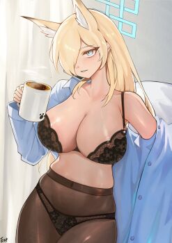 1girl alternate_costume animal_ear_fluff animal_ears blonde_hair blue_archive blue_eyes blue_halo coffee coffee_mug collarbone collared_shirt commentary_request covered_navel cup dog_ears dog_girl estelle8js extra_ears hair_over_one_eye halo highres holding holding_cup kanna_(blue_archive) lingerie long_hair mug panties pantyhose print_mug sharp_teeth shirt signature solo steam teeth underwear white_shirt