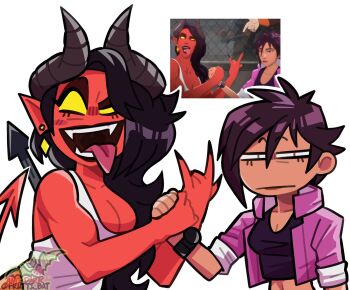 2girls ami-dark black_hair black_horns breasts cleavage colored_skin cropped_jacket dark-skinned_female dark_skin demon_girl demon_tail dispatch game_screenshot_inset hashtag-only_commentary highres horns invisigal_(dispatch) jacket looking_at_viewer malevola_(dispatch) multiple_girls pink_jacket pointy_ears red_skin reference_inset tail tongue tongue_out white_jacket