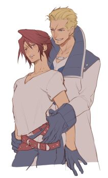 2boys arched_back belt black_gloves black_pants blonde_hair blue_eyes blue_shirt blush brown_belt brown_hair coat commentary_request cropped_legs earrings final_fantasy final_fantasy_viii gloves grabbing_another&#039;s_arm grin hair_slicked_back hand_on_another&#039;s_hip high_collar highres jewelry male_focus multiple_belts multiple_boys necklace no_jacket nose_blush open_mouth pants scar scar_on_face seifer_almasy shirt short_hair smile squall_leonhart stud_earrings studded_belt sweatdrop t-shirt teeth toned toned_male u-min upper_body v-neck very_short_hair white_background white_coat white_shirt yaoi