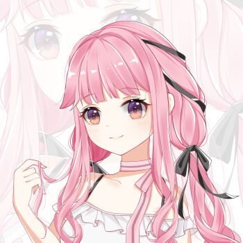 Rule 34 | 1girl, absurdres, bare arms, bare shoulders, black bow, black ribbon, blunt bangs, bow, bow choker, bowtie, bra strap, brown eyes, choker, closed mouth, commentary request, dot nose, eyelashes, frilled shirt, frilled sleeves, frills, hair bow, hair ribbon, happy, highres, holding, holding own hair, infinity nikki, light blush, long hair, long sidelocks, nikki (nikki), nikki (series), off-shoulder shirt, off shoulder, perfect start (infinity nikki), pink bow, pink bowtie, pink choker, pink hair, ribbon, shirt, short sleeves, sidelocks, single stripe, smile, solo, striped bow, striped bowtie, striped choker, striped clothes, tress ribbon, upper body, very long hair, white background, white shirt, yinluo (pixiv 61246482), zoom layer