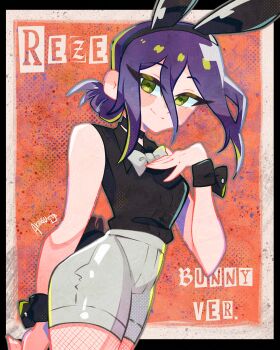 1girl absurdres akaiguarts animal_ear_hairband animal_ears black_shirt black_wrist_cuffs chainsaw_man character_name closed_mouth fake_animal_ears fake_tail fishnet_pantyhose fishnets green_eyes grey_shorts hair_between_eyes hair_bun hairband highres pantyhose playboy_bunny purple_hair rabbit_ear_hairband rabbit_ears rabbit_tail reze_(chainsaw_man) shirt shirt_tucked_in shorts sleeveless sleeveless_shirt smile solo tail wrist_cuffs