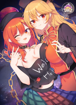 Rule 34 | 2girls, ;d, black collar, black dress, black shirt, blonde hair, breast press, closed mouth, clothes writing, clownpiece, collar, commentary request, dalachi (headdress), dress, dutch angle, green skirt, hair between eyes, heart, hecatia lapislazuli, highres, junko (touhou), long hair, long sleeves, looking at viewer, multicolored skirt, multiple girls, off-shoulder shirt, off shoulder, one eye closed, open mouth, purple skirt, red eyes, red hair, red skirt, red tabard, shirt, short sleeves, skirt, smile, speech bubble, spoken heart, symmetrical docking, tabard, tama (soon32281), thought bubble, touhou, underworld (ornament), v, w