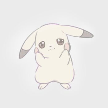 brown_eyes closed_mouth commentary_request full_body gen_1_pokemon grey_background hands_up kanno_0v0 nintendo no_humans pikachu pokemon pokemon_(creature) pokemon_focus pokemon_pokopia simple_background smile solo standing