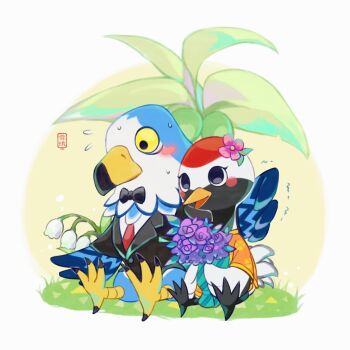 1boy 1girl animal_crossing bird_boy bird_girl black_bow black_bowtie black_jacket blue_pants bouquet bow bowtie commentary_request eagle_boy flower flying_sweatdrops furry furry_female furry_male gladys_(animal_crossing) hair_flower hair_ornament holding holding_bouquet hover_hand jacket lapels necktie nervous_sweating nintendo notched_lapels open_mouth orange_shirt pants pierce_(animal_crossing) pink_flower purple_flower red_necktie shirt sitting suit_jacket sweat white_background white_flower white_shirt xue_ezi yellow_eyes