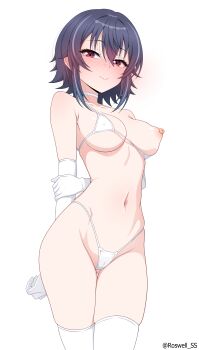 1girl absurdres asanagi_umi bikini black_hair blush breasts class_de_2-banme_ni_kawaii_onnanoko_to_tomodachi_ni_natta closed_mouth commentary_request cowboy_shot elbow_gloves gloves highres looking_at_viewer medium_breasts micro_bikini navel nipples one_breast_out red_eyes roswell_ss short_hair simple_background solo standing swimsuit thighs twitter_username white_background white_gloves