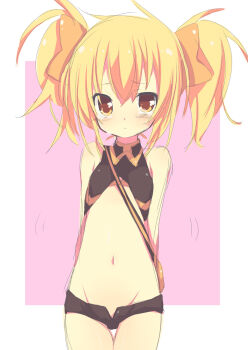 1girl bag blonde_hair bow brown_eyes female_focus flat_chest gen_4_pokemon groin hair_bow loli midriff nakamura_sandayo navel nintendo open_fly personification pokemon shinx short_shorts short_twintails shorts shoulder_bag simple_background solo tears thigh_gap thighs twintails unbuttoned unzipped yellow_eyes