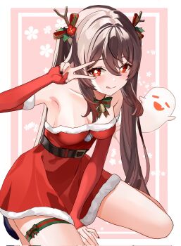 1girl alternate_costume bare_shoulders bell belt black_belt boo_tao_(genshin_impact) bow bowtie bright_pupils brown_hair collarbone commentary detached_sleeves dress flower-shaped_pupils fur-trimmed_dress fur-trimmed_sleeves fur_trim genshin_impact hashtag-only_commentary highres hu_tao_(genshin_impact) kima_(jp4g6kfhb842057) leg_ribbon licking_lips long_hair looking_at_viewer neck_bell red_dress red_eyes ribbon santa_costume santa_dress sitting sleeveless sleeveless_dress solo strapless strapless_dress symbol-shaped_pupils thigh_ribbon tongue tongue_out twintails v white_pupils