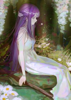 1girl artist_name blunt_bangs bracelet commentary dress english_commentary fern_(sousou_no_frieren) flower from_side highres holding holding_staff jewelry kyoukaraa leaf long_hair mage_staff open_mouth outdoors purple_eyes purple_hair sitting solo sousou_no_frieren staff straight_hair tree very_long_hair white_dress