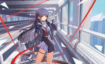 1girl absurdres arm_cutout black_choker black_hair black_jacket black_serafuku black_shirt black_skirt breasts chinese_commentary chisa_(wuthering_waves) choker chromatic_aberration clothing_cutout commentary_request food food_in_mouth hair_ribbon highres holding holding_sword holding_weapon huahu_(unstoppable) jacket long_hair long_sleeves looking_at_viewer medium_breasts neckerchief pocky pocky_in_mouth red_eyes red_neckerchief red_ribbon ribbon sailor_collar school_uniform serafuku shirt skirt solo sword tacet_mark_(wuthering_waves) thigh_strap thighs train_station weapon white_sailor_collar wuthering_waves