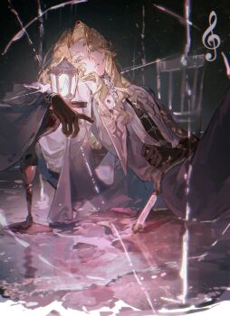 1boy 6_(reverse:1999) absurdres black_gloves black_pants blonde_hair blue_eyes coat dark_background gloves highres long_hair male_focus official_alternate_costume pants parted_lips reverse:1999 shallow_water sitting sitting_on_water solo treble_clef water white_coat you'er