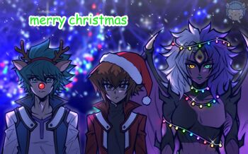animal_ears antlers aqua_hair blue_hair blue_jacket blue_lips brown_eyes brown_hair christmas christmas_lights collared_jacket collared_shirt commentary deer_ears demon_girl demon_wings duel_academy_uniform_(yu-gi-oh!_gx) duel_monster english_commentary facial_mark green_eyes hat headband heterochromia horns jacket johan_andersen merry_christmas multicolored_hair orange_hair red_jacket red_nose reindeer_antlers santa_hat shirt spiked_hair spikes third_eye white_hair wings xenvita yu-gi-oh! yu-gi-oh!_gx yubel yuki_judai
