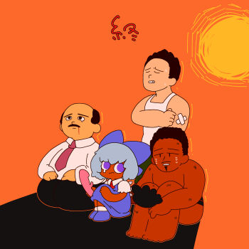 Rule 34 | 1girl, 3boys, absurdres, anal assassin glove, annyui (cookie), balding, black eyes, black hair, blue bow, blue dress, blue hair, blue shoes, bow, cirno, closed eyes, closed mouth, collared shirt, commentary request, cookie (touhou), dark-skinned female, dark-skinned male, dark skin, dildo, dress, facial hair, full body, hair bow, highres, holding, holding sex toy, hot, manatsu no yo no inmu, muimui (4242564muimui), multiple boys, mustache, necktie, orange background, purple eyes, red necktie, sex toy, shirt, shoes, short hair, simple background, sitting, sun, takeda shingen (inmu), tank top, topless male, white shirt, white tank top, yuusaku (inmu)